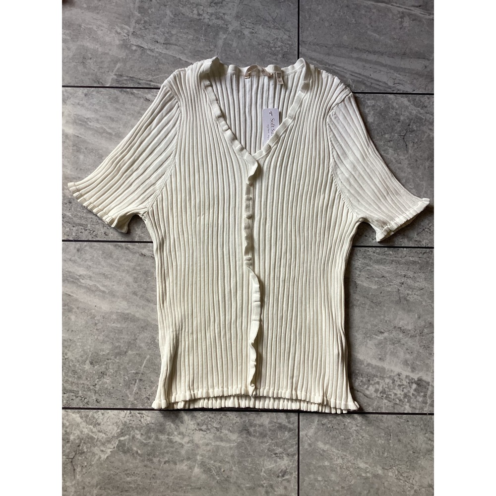 Soft Surroundings Ecru White Ribbed V-Neck Ruffle Sweater Tee 2X 5EH7340923